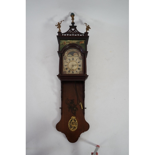 182 - A late 18th century Dutch Frisian Staart oak eight day wall clock with atlas and angel finials, hood... 