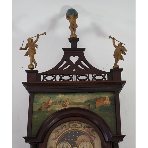 182 - A late 18th century Dutch Frisian Staart oak eight day wall clock with atlas and angel finials, hood... 