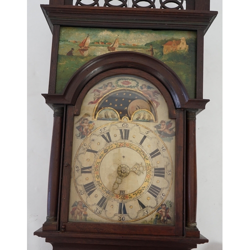 182 - A late 18th century Dutch Frisian Staart oak eight day wall clock with atlas and angel finials, hood... 