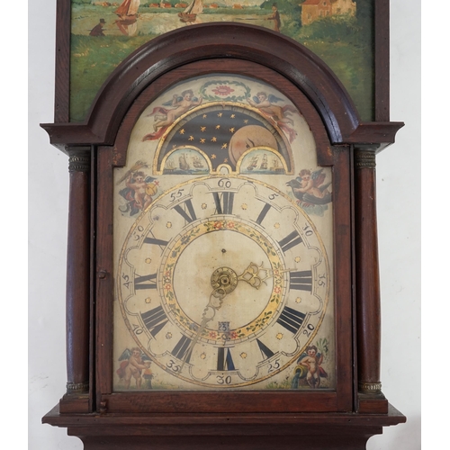 182 - A late 18th century Dutch Frisian Staart oak eight day wall clock with atlas and angel finials, hood... 