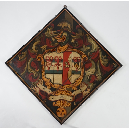 19 - A late 18th / early 19th century oil on wooden panel hatchment with coat of arms with wild boar cres... 