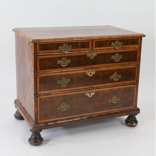 197 - A William and Mary oyster veneered laburnum and walnut chest with scrollwork marquetry to the top, t... 