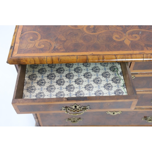 197 - A William and Mary oyster veneered laburnum and walnut chest with scrollwork marquetry to the top, t... 