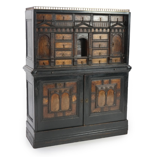 198 - An 18th century and later Dutch walnut ebonised and marquetry inlaid collector's cabinet on stand, t... 