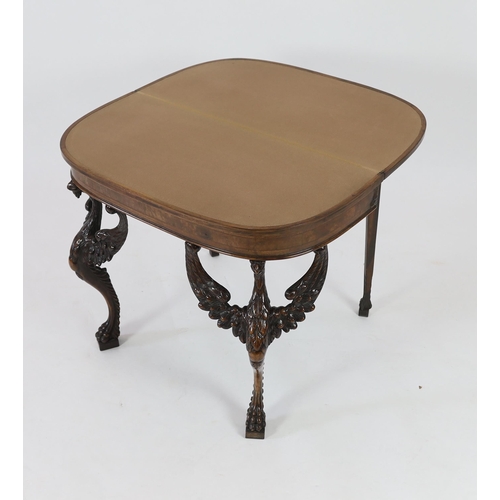 199 - A mid 18th century style walnut card table with crossbanded D shaped burr wood top, on winged eagle ... 