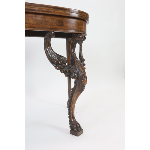 199 - A mid 18th century style walnut card table with crossbanded D shaped burr wood top, on winged eagle ... 