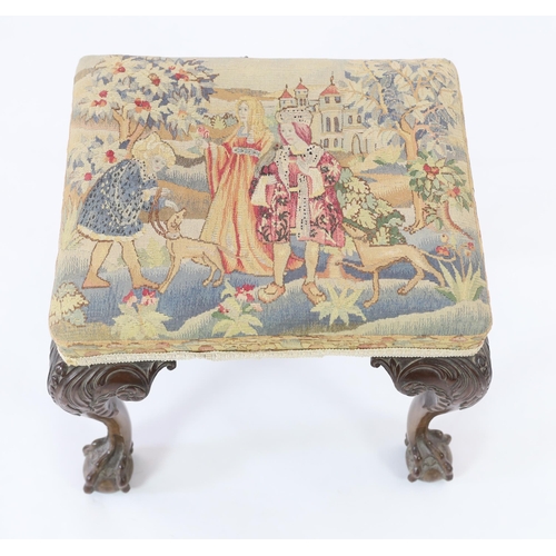 201 - A George III mahogany dressing stool with later needlework top depicting medieval figures, on acanth... 