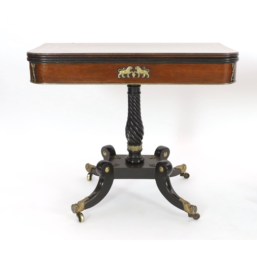 208 - A pair of Regency brass strung rosewood card tables with D shaped folding tops, ormolu mounted friez... 