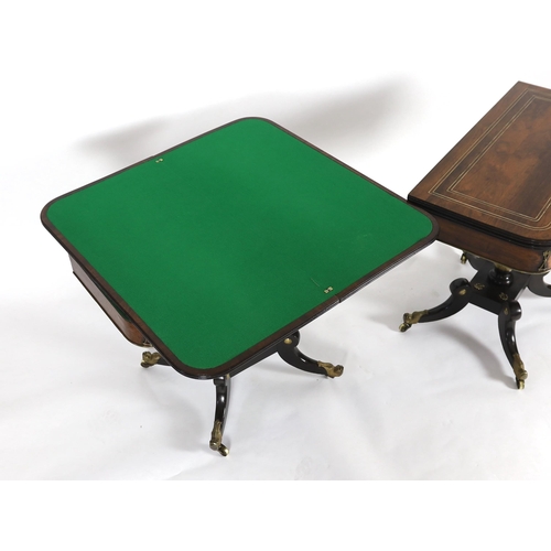 208 - A pair of Regency brass strung rosewood card tables with D shaped folding tops, ormolu mounted friez... 