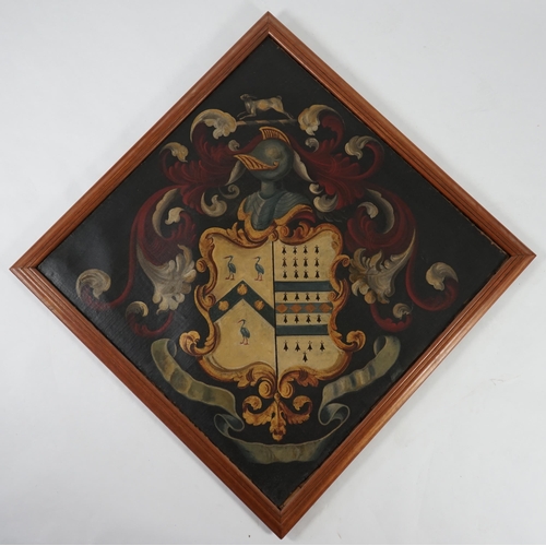 21 - An early 19th century oil on canvas hatchment with coat of arms with hare and helm crest, 159 x 159c... 