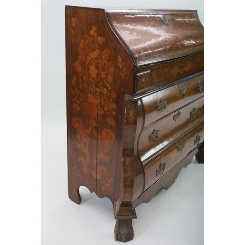 214 - A late 18th century Dutch oak and floral marquetry double bombe bureau decorated throughout with flo... 