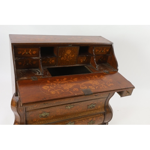 214 - A late 18th century Dutch oak and floral marquetry double bombe bureau decorated throughout with flo... 