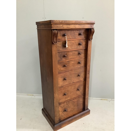 217 - A Victorian figured walnut secretaire Wellington chest fitted two long, double dummy secretaire and ... 