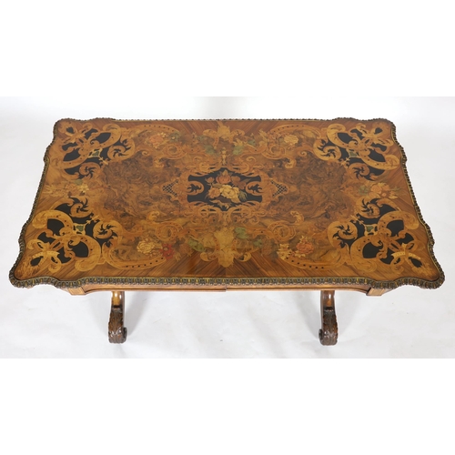 218 - A good Victorian ormolu mounted walnut and marquetry centre table, the serpentine rectangular top in... 