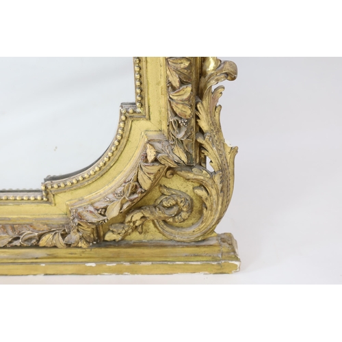 220 - A 19th century French carved giltwood wall mirror of architectural form with cartouche, laurel leaf ... 