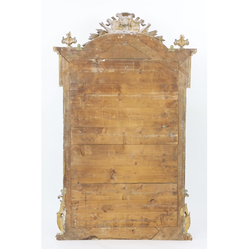 220 - A 19th century French carved giltwood wall mirror of architectural form with cartouche, laurel leaf ... 