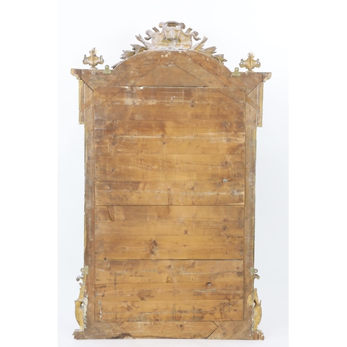 220 - A 19th century French carved giltwood wall mirror of architectural form with cartouche, laurel leaf ... 