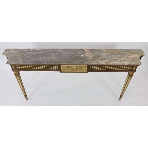 225 - An early 20th century Adam revival part painted and gilt mahogany console table with variegated grey... 