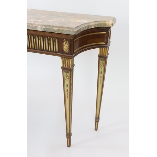 225 - An early 20th century Adam revival part painted and gilt mahogany console table with variegated grey... 