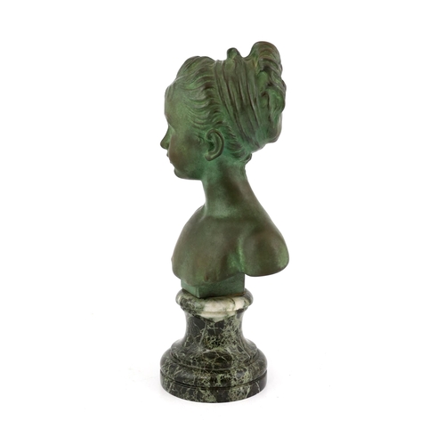 30 - After Jean-Antoine Houdon (1741-1828), a green patinated bronze bust of a child, signed with Patroui... 