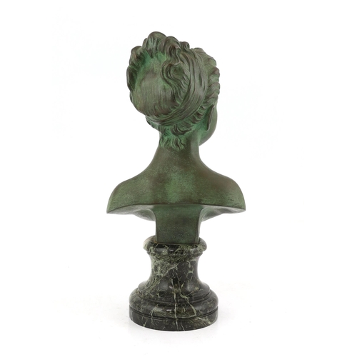 30 - After Jean-Antoine Houdon (1741-1828), a green patinated bronze bust of a child, signed with Patroui... 