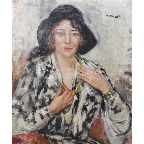 316 - Maria Aldernaght (Belgian, 1902-1945) Portrait of a lady wearing an amber bead necklaceoil on canvas... 