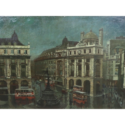 318 - § § Harold Workman (English, 1897-1975) 'Nocturnal view of Piccadilly Circus'oil on boardsigned72 x ... 