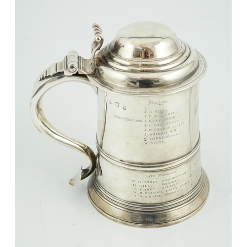 418 - A George II silver tankard with domed cover, by Richard Bayley?, with banded girdle, scroll thumbpie... 