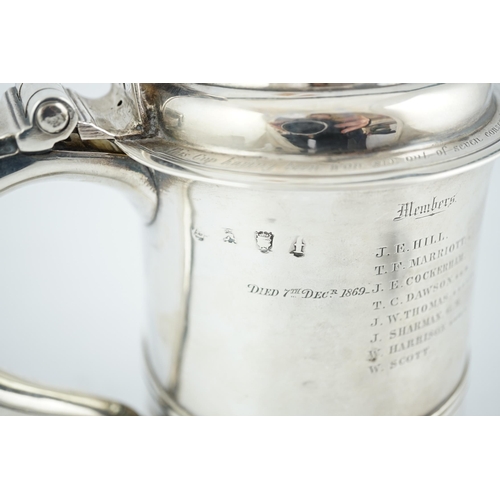 418 - A George II silver tankard with domed cover, by Richard Bayley?, with banded girdle, scroll thumbpie... 