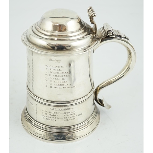 418 - A George II silver tankard with domed cover, by Richard Bayley?, with banded girdle, scroll thumbpie... 