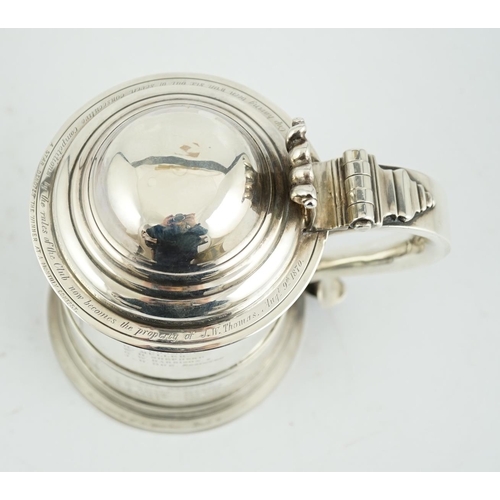 418 - A George II silver tankard with domed cover, by Richard Bayley?, with banded girdle, scroll thumbpie... 