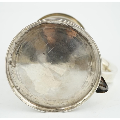 418 - A George II silver tankard with domed cover, by Richard Bayley?, with banded girdle, scroll thumbpie... 