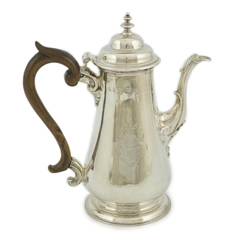 420 - A George II silver coffee pot, possibly by William & Robert Peaston, of tapering form, with engraved... 