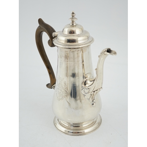 420 - A George II silver coffee pot, possibly by William & Robert Peaston, of tapering form, with engraved... 