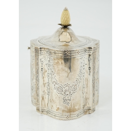 421 - A George III engraved silver tea caddy, by Benjamin Mountigue, of serpentine form, with carved ivory... 