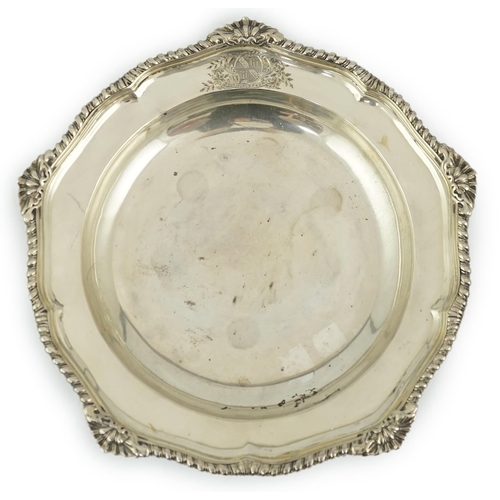 423 - A George III silver soup plate, by Parker & Wakelin, with shell and gadrooned border and engraved ar... 