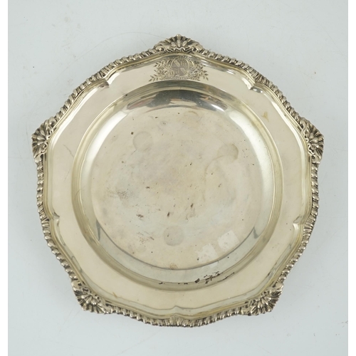 423 - A George III silver soup plate, by Parker & Wakelin, with shell and gadrooned border and engraved ar... 