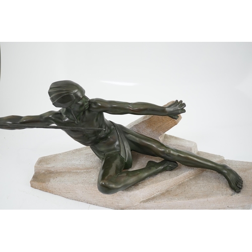 43 - Max Le Verriere, (1891-1973),  a French Art Deco bronzed spelter figure, 'L'Embuscade' crouching upo... 