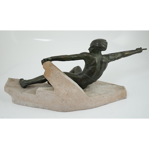 43 - Max Le Verriere, (1891-1973),  a French Art Deco bronzed spelter figure, 'L'Embuscade' crouching upo... 