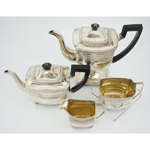 433 - A George III engraved silver four piece tea and coffee service, by Peter & William Bateman, with sha... 