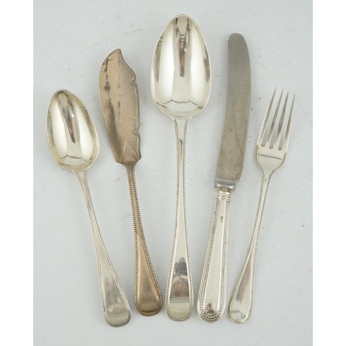 434 - A matched part canteen of Victorian silver Old English beaded pattern flatware, by George Adams, com... 