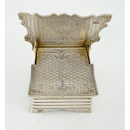 439 - A late 19th century Russian 84 zolotnik silver miniature throne salt, with engraved decoration, unkn... 