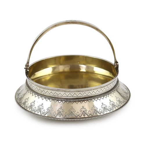 440 - A late 19th century Russian 84 zolotnik silver shallow basket, with engraved initials and date and b... 