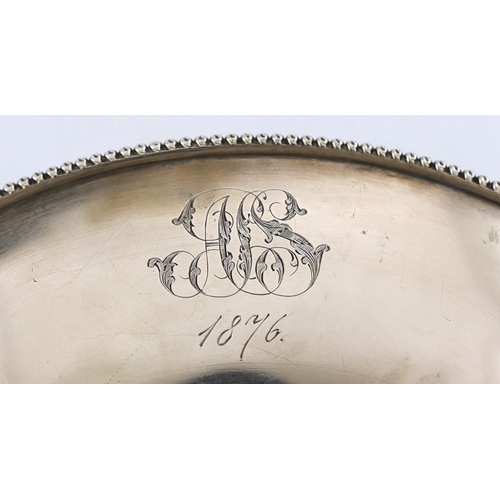 440 - A late 19th century Russian 84 zolotnik silver shallow basket, with engraved initials and date and b... 