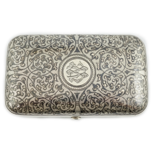 441 - A late 19th century Russian 84 zolotnik silver and niello cigar case, master Gustav Klingert, with f... 