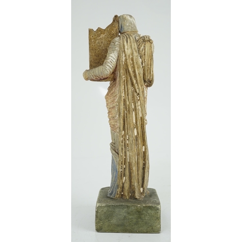 45 - A Compton tempera painted pottery figure of St Cecilia, early 20th century, impressed factory mark t... 