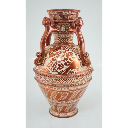46 - Ulisse Cantagalli, a Hispano-Moresque style ruby-copper lustre vase, late 19th century, decorated wi... 