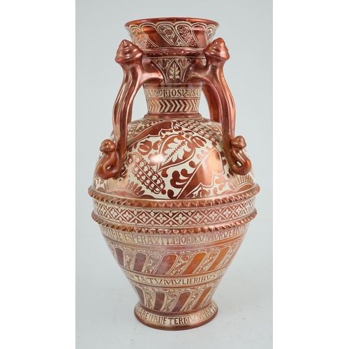 46 - Ulisse Cantagalli, a Hispano-Moresque style ruby-copper lustre vase, late 19th century, decorated wi... 