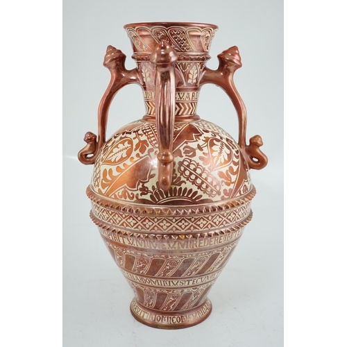 46 - Ulisse Cantagalli, a Hispano-Moresque style ruby-copper lustre vase, late 19th century, decorated wi... 