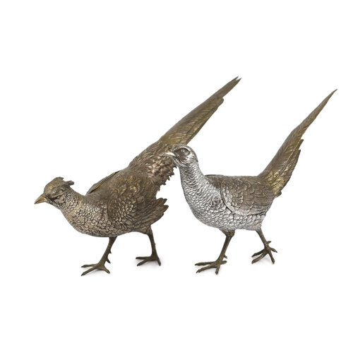 467 - A large pair of German 800 standard silver free standing model pheasants with articulated wings, c.1... 